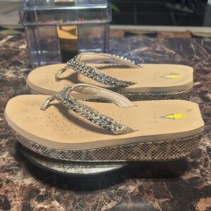 “SOLD” Volatile Gold Jeweled Platform Thong Wedge Sandals - Women’s Size 9